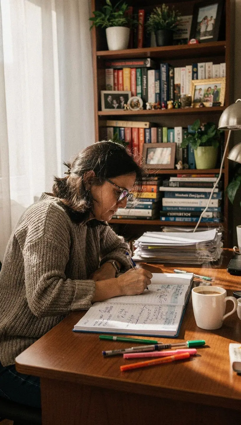 Egy nyitott tervezőkönyv, amelyben részletes pénzügyi célok és feladatok vannak feljegyezve.