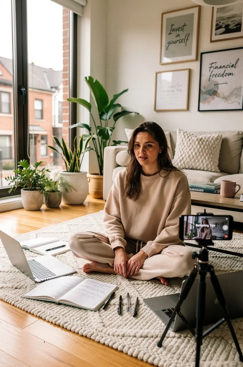 Pénzügyi blog oldal képernyője, amely költségvetési rendszerekről és takarékossági tippekről szól.